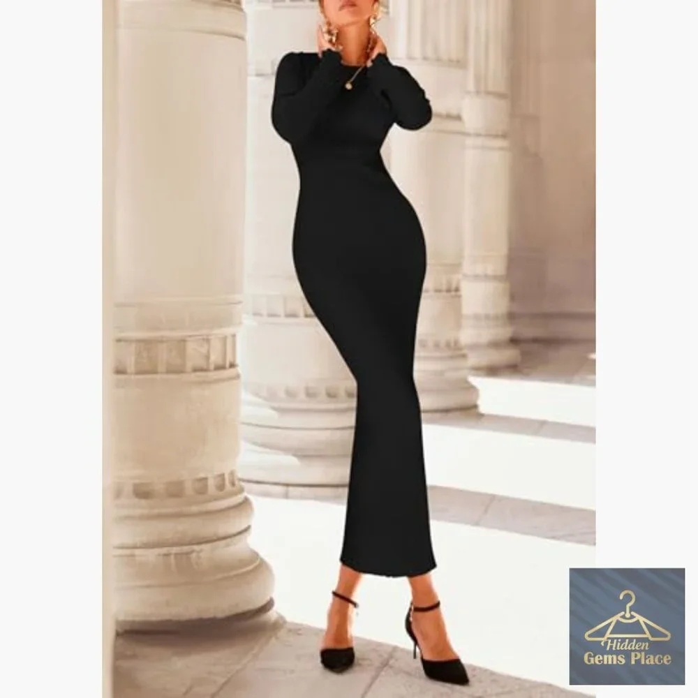 Long Sleeve Bodycon Maxi Dress Ribbed Knit Bell Sleeve Crew Neck - Picture 4 of 7